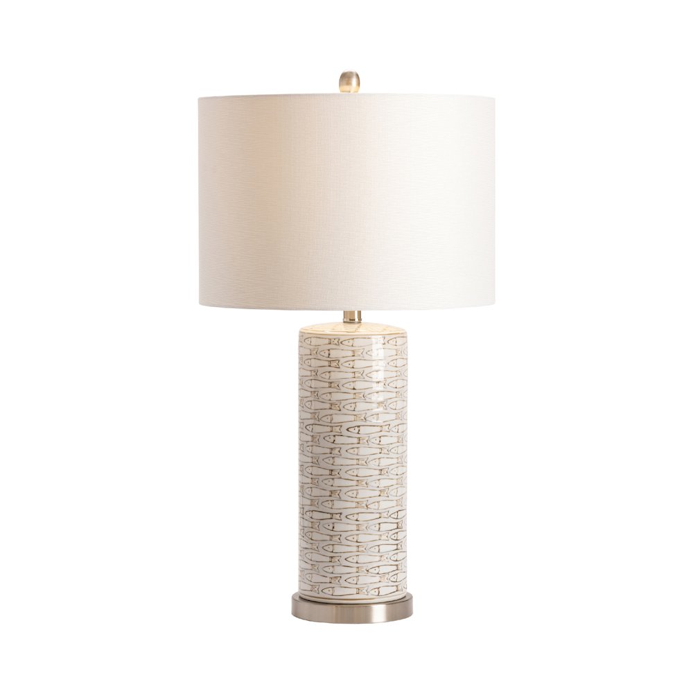 White Ceramic Lamp With Hand-Drawn Fish Pattern And Gold Details