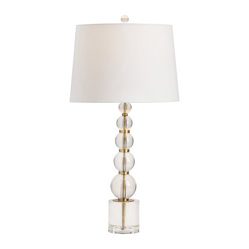 Stacked Crystal Sphere Table Lamp With Gold Accents And Tapered Shade.