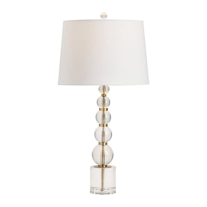 Stacked Crystal Sphere Table Lamp With Gold Accents And Tapered Shade.