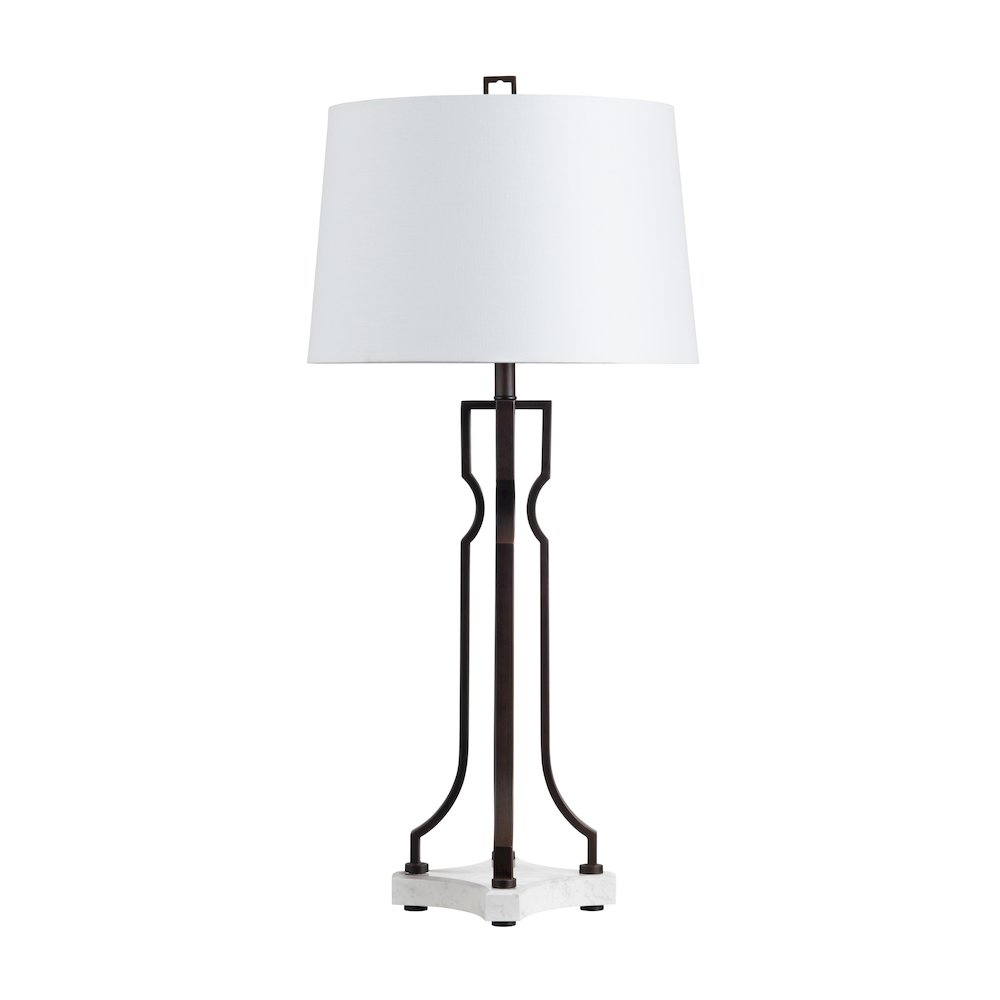 34"H Aged Bronze Metal And Marble Table Lamp With Linen Shade