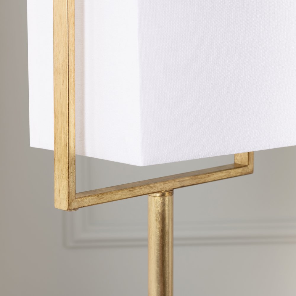 Gold Leaf Floor Lamp With Geometric Frame And Linen Shade.
