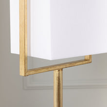 Gold Leaf Floor Lamp With Geometric Frame And Linen Shade.