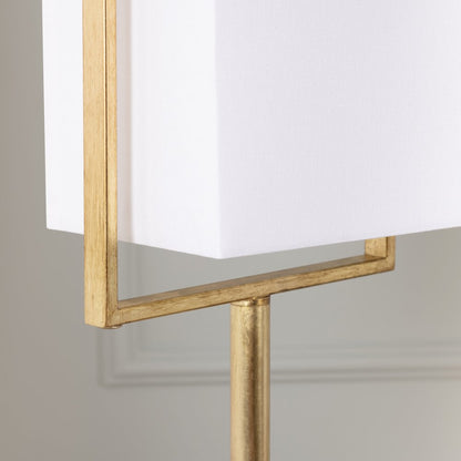 Gold Leaf Floor Lamp With Geometric Frame And Linen Shade.