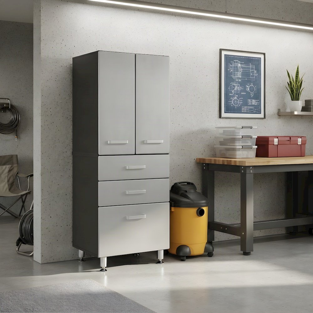 Black Vinyl Laminated Garage Storage Cabinet With 2 Doors And 3 Drawers