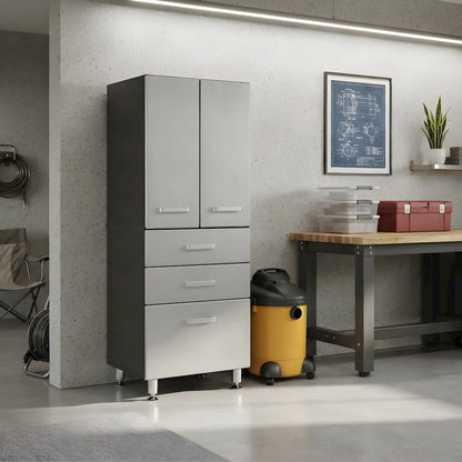 Black Vinyl Laminated Garage Storage Cabinet With 2 Doors And 3 Drawers