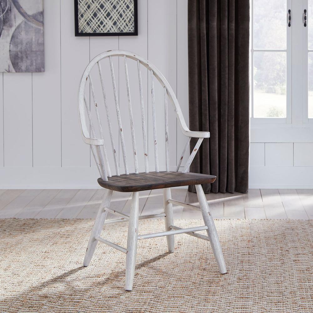 Farmhouse Windsor Back Arm Chair in Two Tone White w/ Wood Tone Top