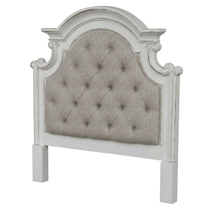 Antique White Upholstered Panel Headboard with Weathered Bark Wood Accents