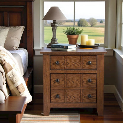Rustic Oak Wooden Nightstand with 2 Drawers for Farmhouse Bedrooms