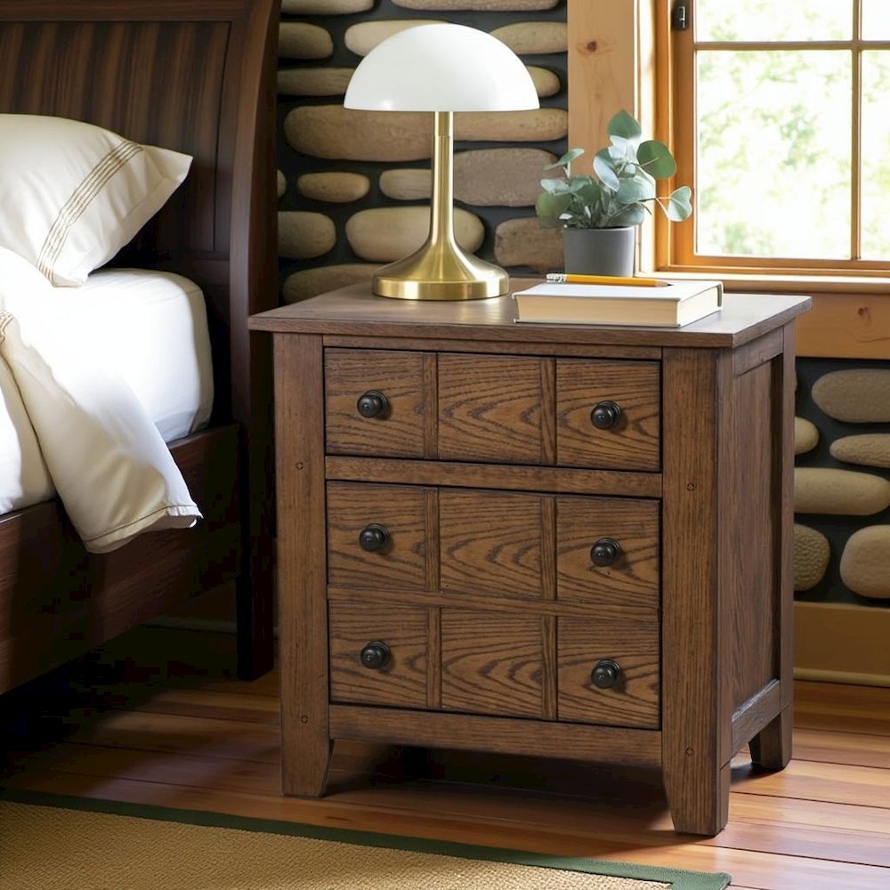 Rustic Oak Wooden Nightstand with 2 Drawers for Farmhouse Bedrooms