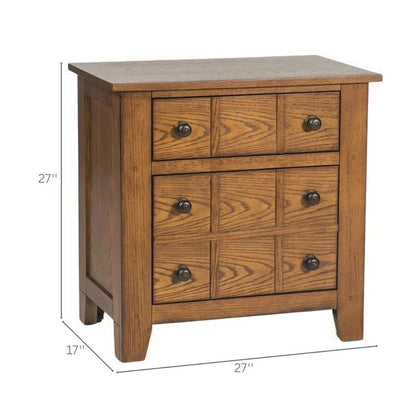 Rustic Oak Wooden Nightstand with 2 Drawers for Farmhouse Bedrooms