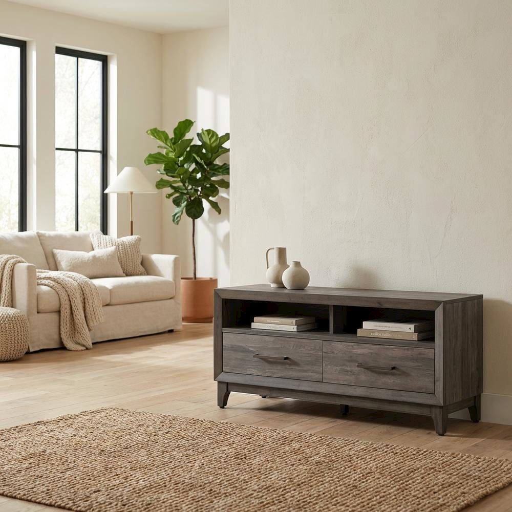 Contemporary Driftwood Gray TV Console in Solid and Manufactured Wood