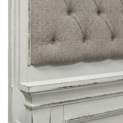 Antique White Upholstered Panel Headboard, Chenille Fabric, Solid Wood
