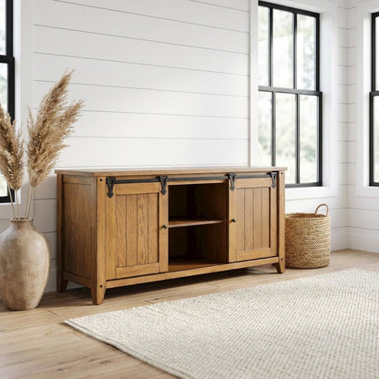 Rustic Oak TV Console with Solid and Manufactured Wood Construction