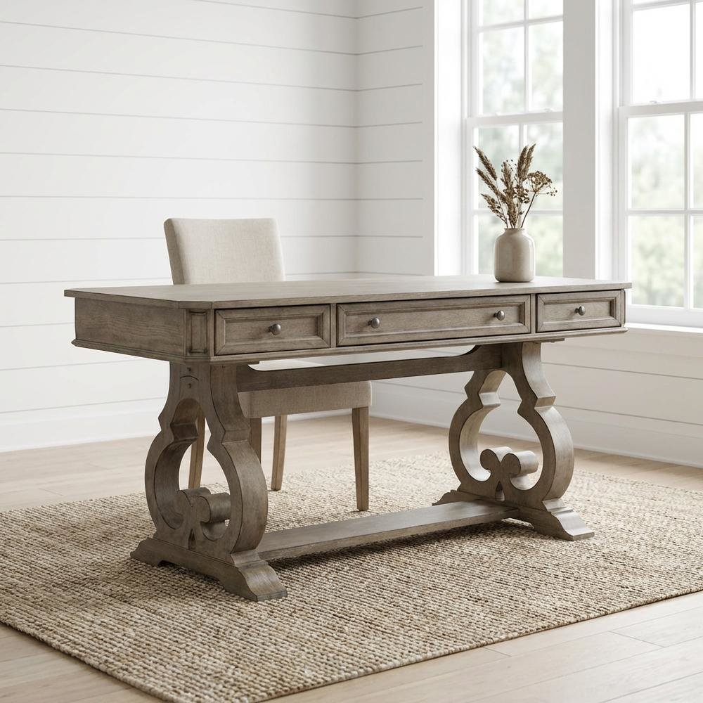 Heathered Taupe Office Desk With Rubberwood And White Oak Veneers