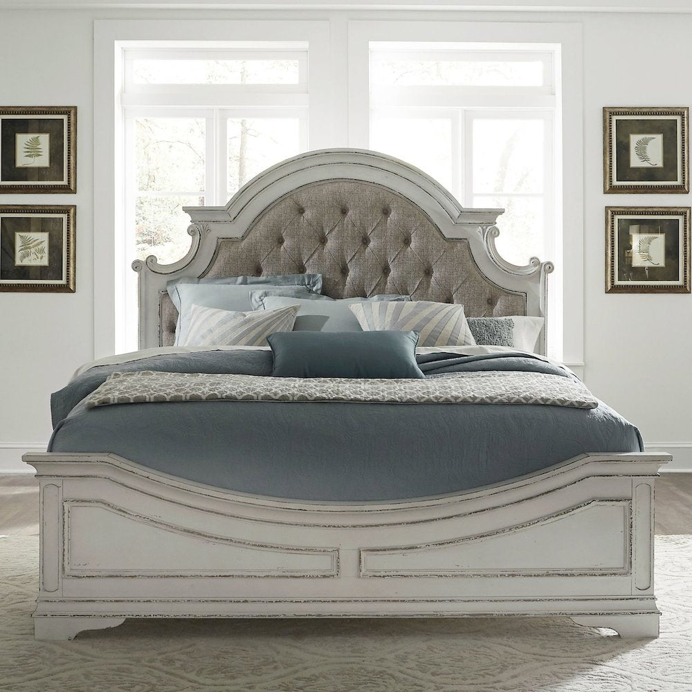 King Upholstered Bed, Dresser & Mirror, Chest - Antique White & Weathered Bark