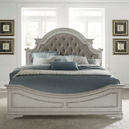 King Upholstered Bed, Dresser & Mirror, Chest - Antique White & Weathered Bark