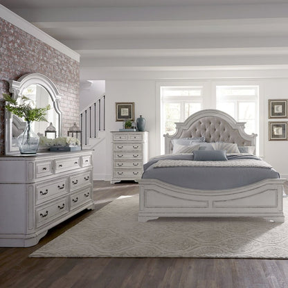 King Upholstered Bed, Dresser & Mirror, Chest - Antique White & Weathered Bark