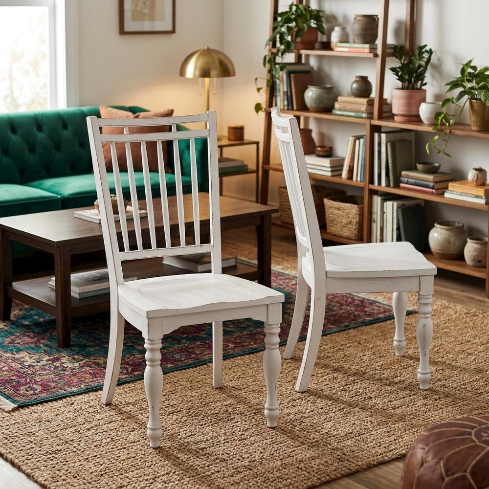 Solid Wood Spindle Back Farmhouse Dining Chairs for Kitchen, White, Set of 2