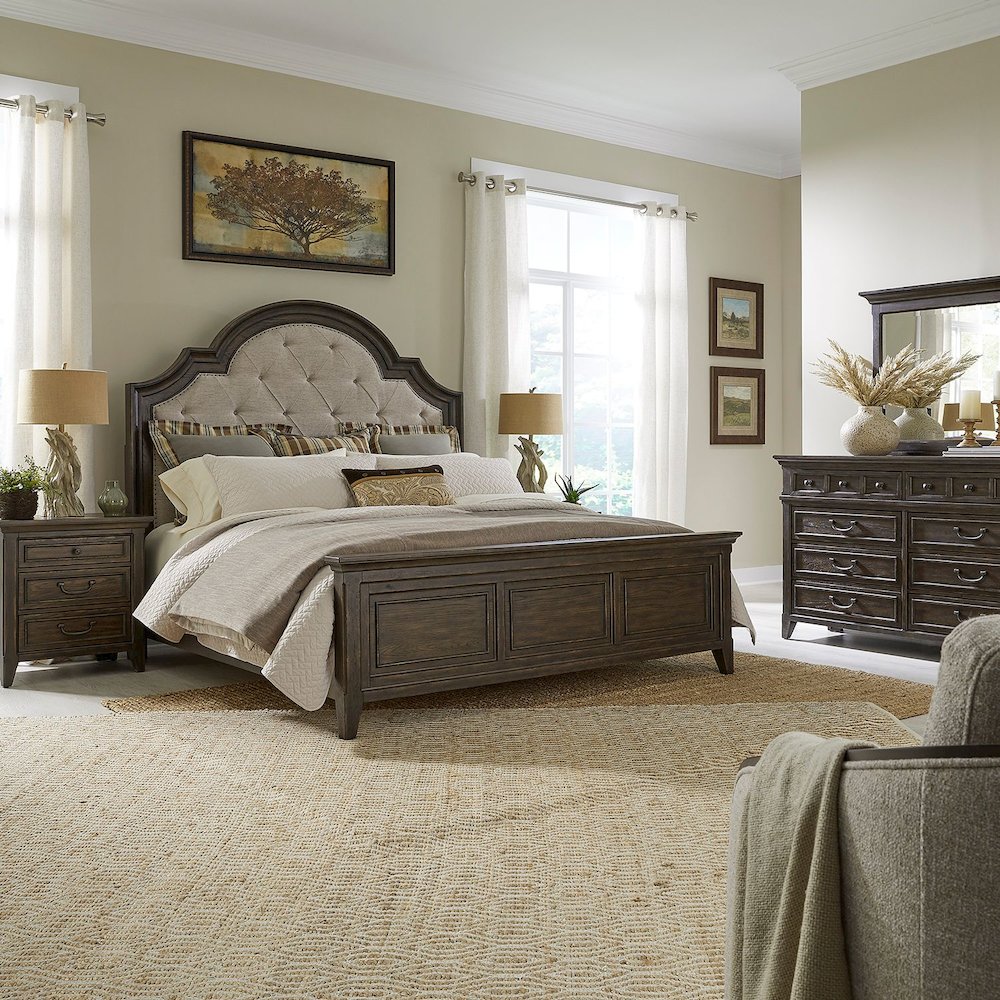 King Upholstered Bed, Dresser & Mirror, Night Stand - Saddle Brown