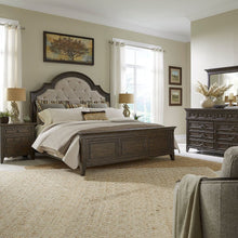 King Upholstered Bed, Dresser & Mirror, Night Stand - Saddle Brown