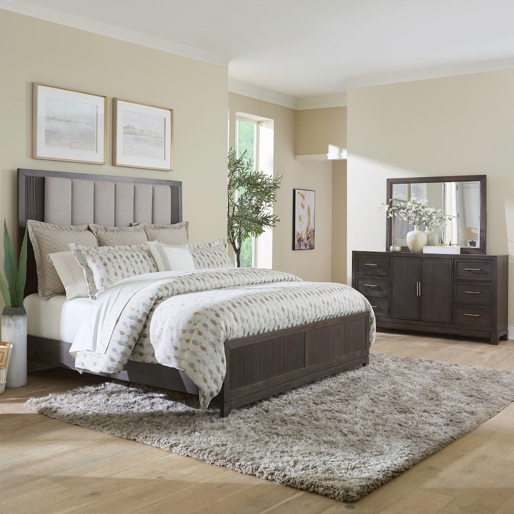 Modern Edge Queen Upholstered Bed, Dresser & Mirror Bedroom Set - Caffe