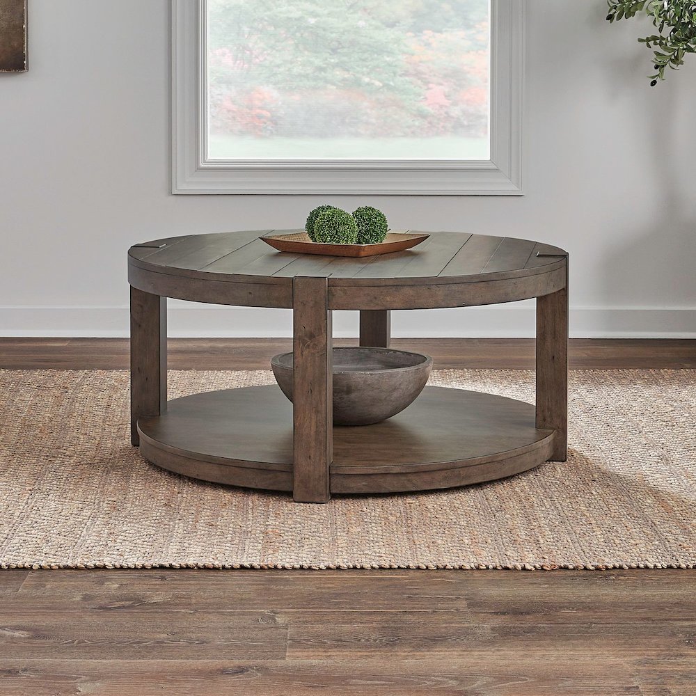3 Piece Set - Round Cocktail Table, 2 End Tables Cobblestone Brown
