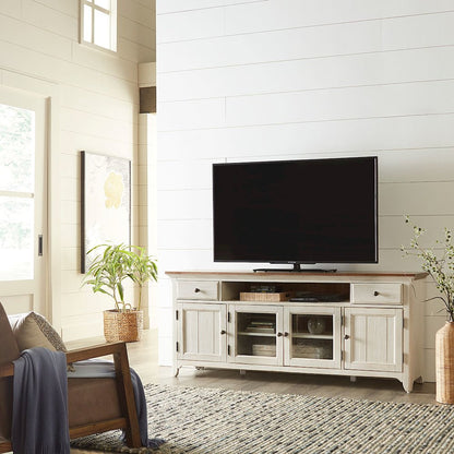 Farmhouse Reimagined Entertainment Center - Antique White with Chestnut Tops