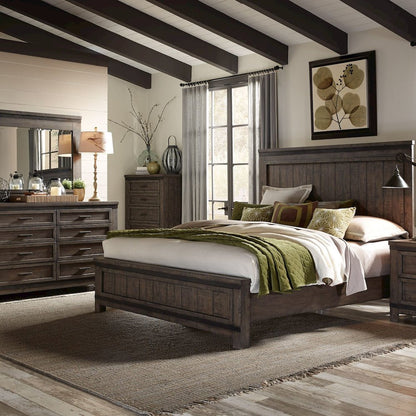 King Panel Bed, Dresser & Mirror, Chest - Rock Beaten Brown w/ Saw Cuts
