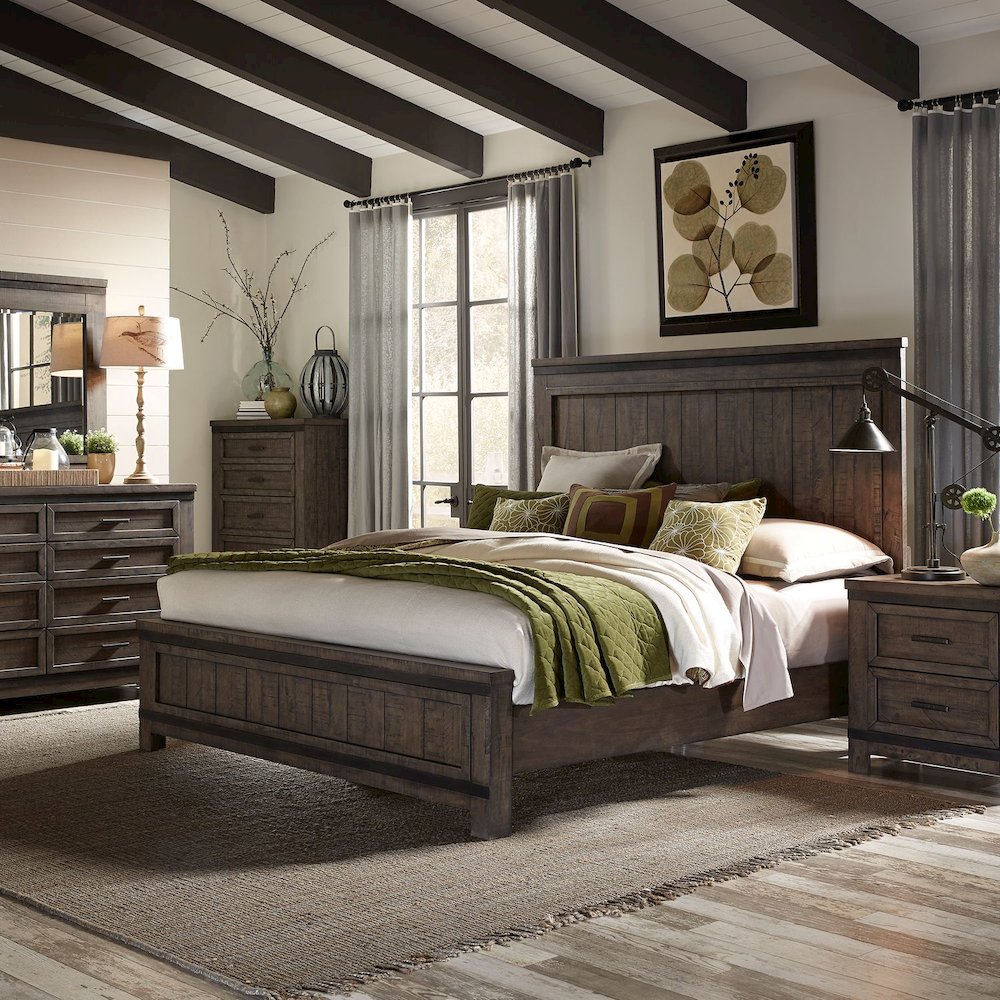 King Panel Bed, Dresser & Mirror, Night Stand - Rock Beaten Brown w/ Saw Cuts