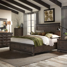King Storage Bed, Dresser & Mirror, Night Stand - Rock Beaten Brown w/ Saw Cuts