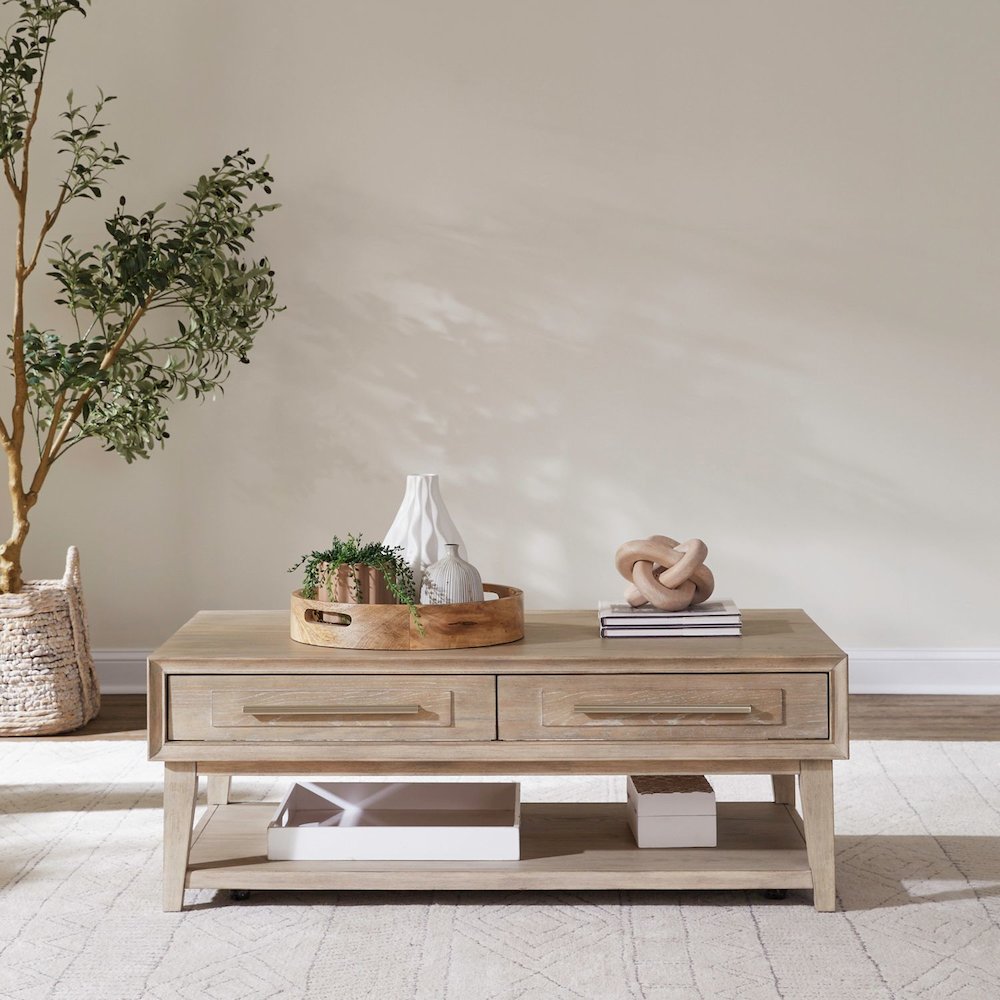 3 Piece Living Room Set, Cocktail Table, 2 Drawer End Tables -Sandstone Oak Wood