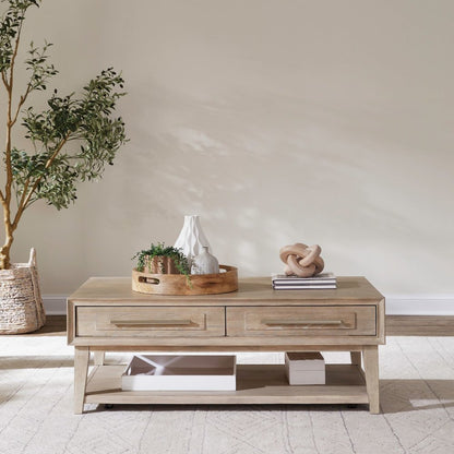 3 Piece Living Room Set, Cocktail Table, 2 Drawer End Tables -Sandstone Oak Wood