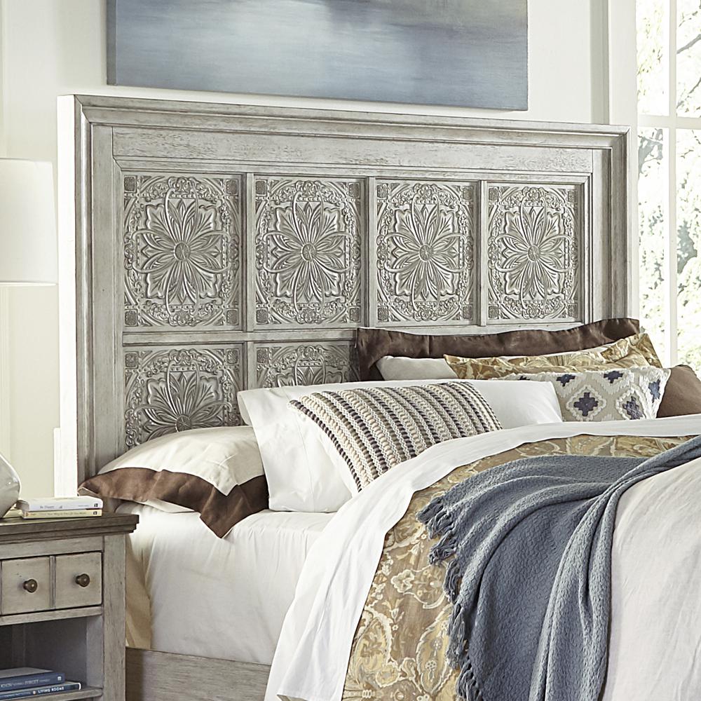 Heartland King Decorative Panel Headboard in Antique White w/ Tobacco Top