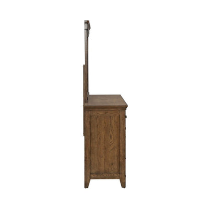 King Panel Bed, Dresser & Mirror, Chest Bedroom Furniture Set - Amber Brown