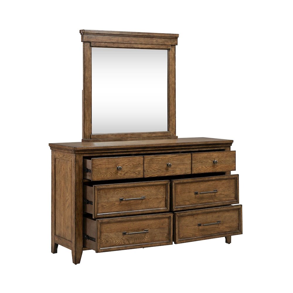 King Panel Bed, Dresser & Mirror, Chest Bedroom Furniture Set - Amber Brown