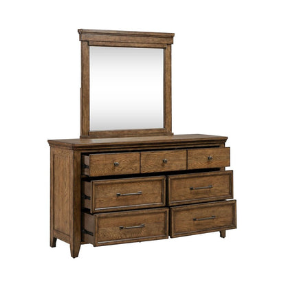 King Panel Bed, Dresser & Mirror, Chest Bedroom Furniture Set - Amber Brown