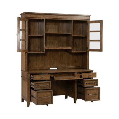 Credenza & Hutch with LED Light, Keyboard Tray - Amber Brown Oak Wood