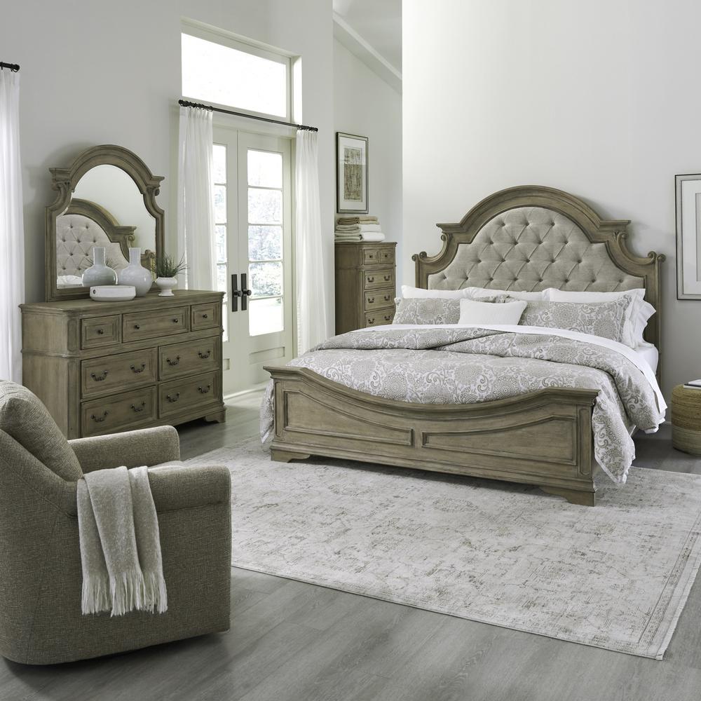 Magnolia Manor Queen Upholstered Bed, Dresser & Mirror - Weathered Bisque