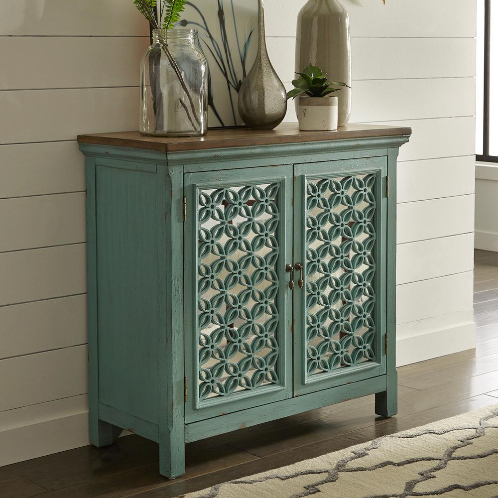 Kensington 2 Door Accent Cabinet in Turquoise w/ Worn Wood Tone Top