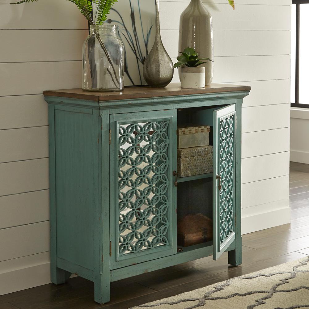 Kensington 2 Door Accent Cabinet in Turquoise w/ Worn Wood Tone Top