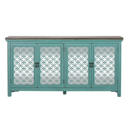 Kensington 4 Door Accent Cabinet in Turquoise w/ Worn Wood Tone Top