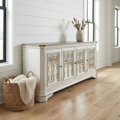 Antique White TV Console, European Traditional Style, Solid Wood Construction