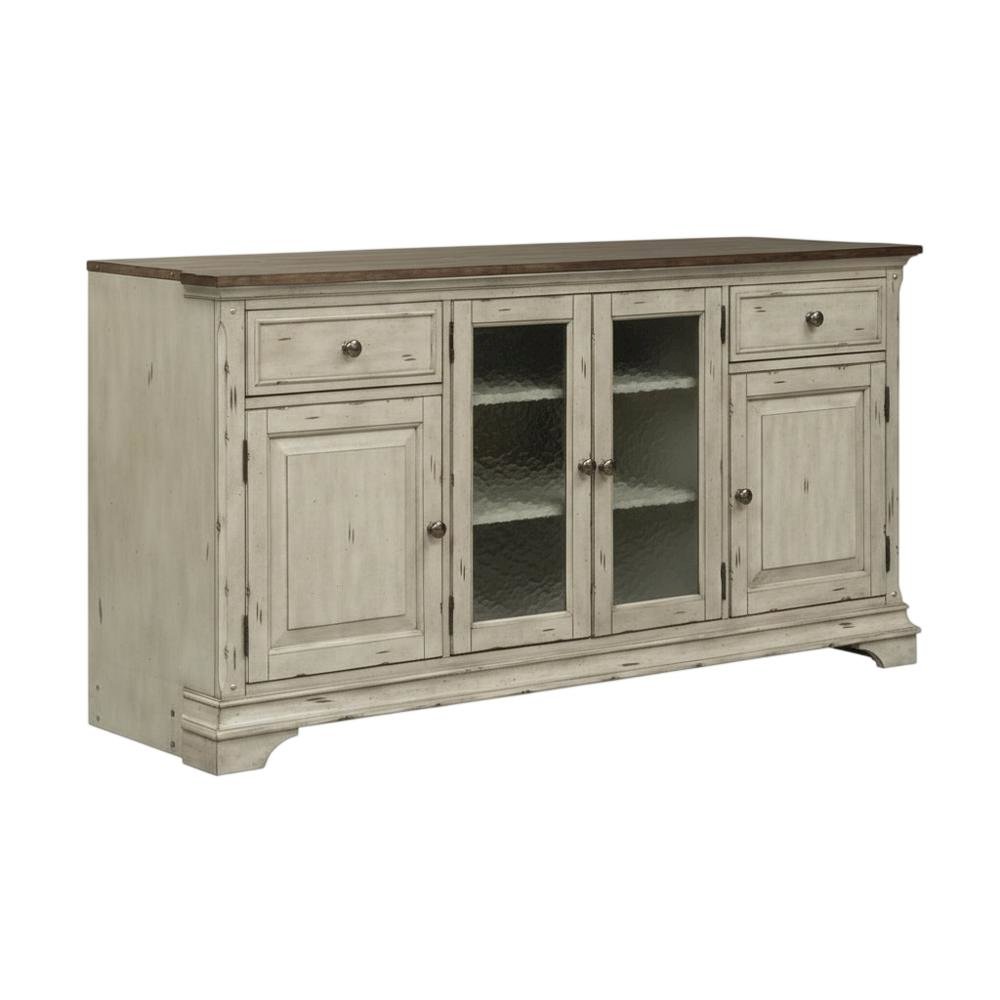 Antique White TV Stand, Wirebrushed Tobacco Accents, Traditional Style
