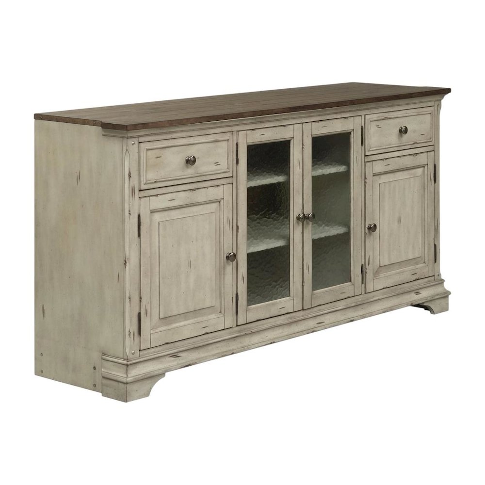 Antique White TV Stand, Wirebrushed Tobacco Accents, Traditional Style