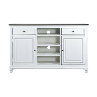 White Wirebrushed Highboy TV Console with Charcoal Top in Cottage Style