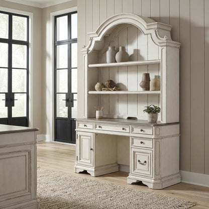 Antique White 3-Piece Office Desk And Hutch Set With Traditional Design