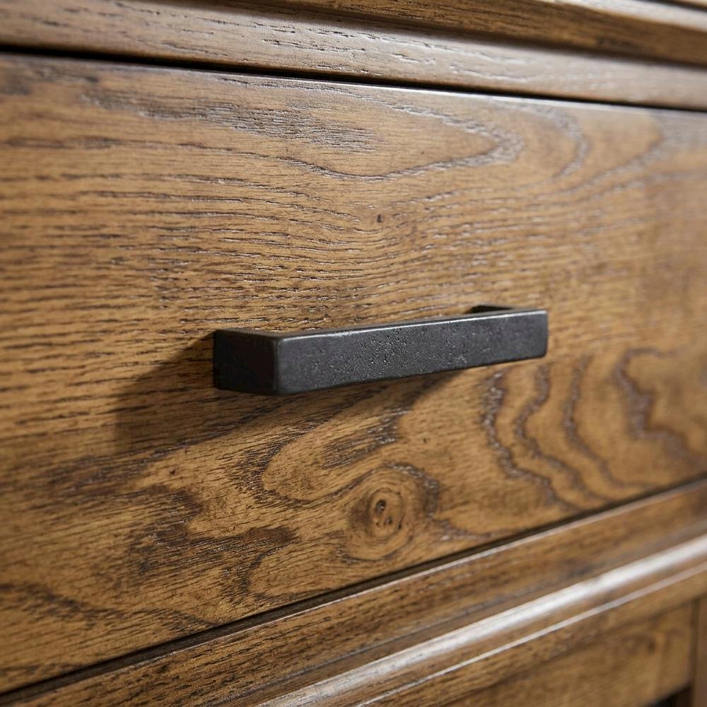 Rubberwood Solid Wood Mission-Style Buffet Cabinet with Drawers and Tray, Brown