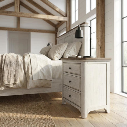 White Farmhouse Nightstand with Charging Station and Storage