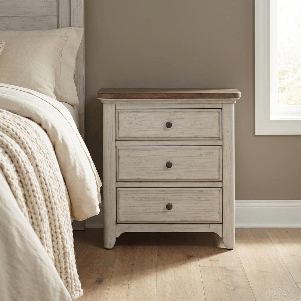 White Farmhouse Nightstand with Charging Station and Storage