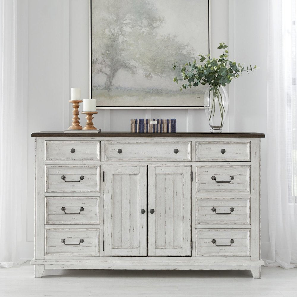 River Place 2 Door 9 Drawer Bedroom Dresser Cottage - Riverstone White & Tobacco